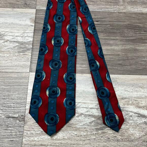 Boss Hugo Boss Red‎ Blue Abstract Circles Mens 57" 100% Silk Necktie Italy Made - Picture 1 of 6